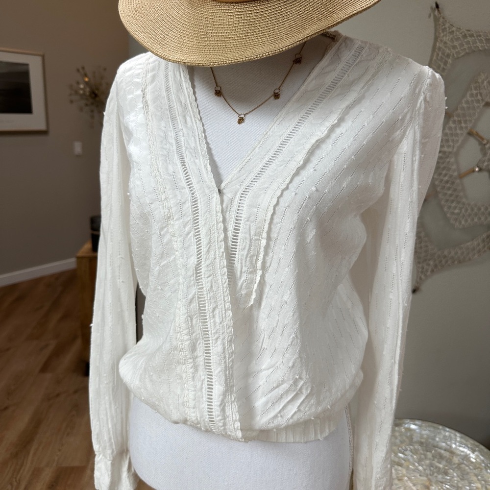 Boho peasant puff sleeve cotton eyelet cross front top with crochet lace detail